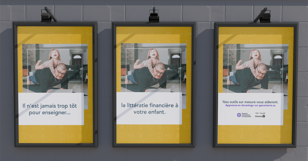 Three Parents partenaires en éducation (PPE) posters side by side on a wall, each of them has a photo and text. The photo is of a man on a yoga mat attempting a plank, with his daughter on his back, both sharing a joyful laugh.