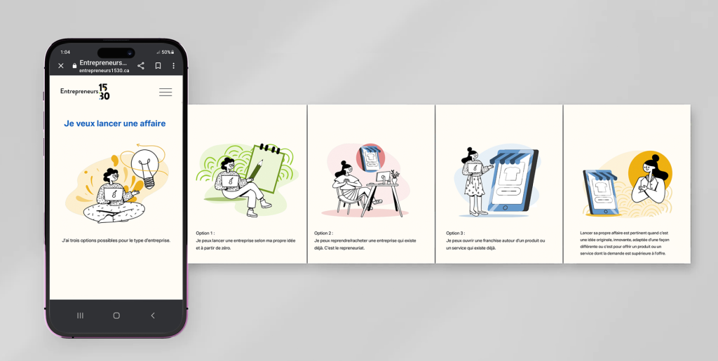 An iPhone mockup displaying the Entrepreneurs 15:30 website, with four additional website sections appearing to hover outside the phone in a horizontal arrangement.