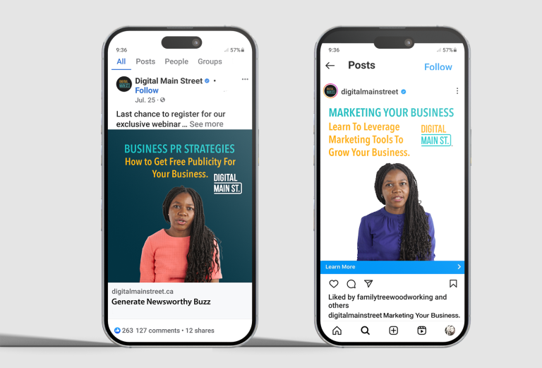 Two phone screens side by side, showing social media posts from Digital Main Street. Both posts show Hermine Mbondo, founder and CEO of B4brand, one post reads 'Business PR Strategies’ and the other ‘Marketing your Business’.