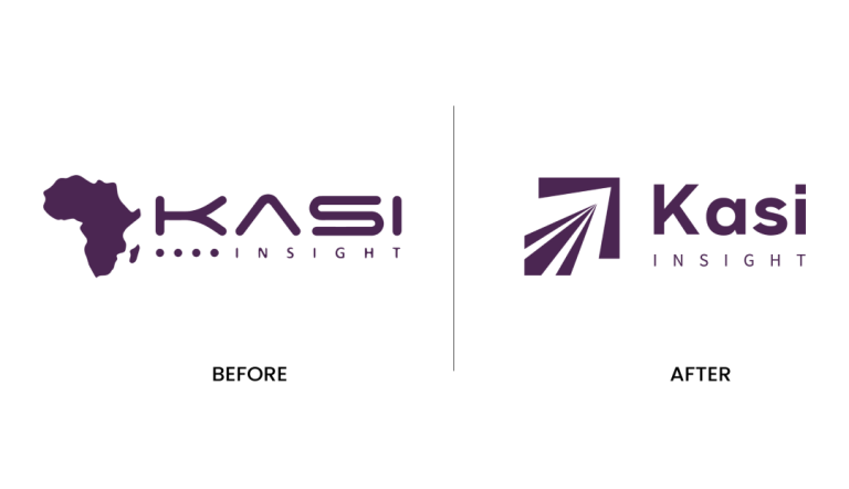 Before-and-after image of Kasi Insight logo rebranding, old logo with African subcontinent graphic, new logo cleaner with arrow-like graphic.